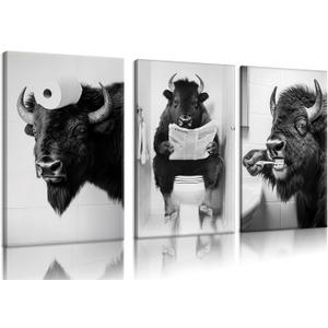 Funny Bison Bathroom Wall Art - 3 Piece Black and White Buffalo on Toilet Canvas Prints, Humorous Animal Pictures for Restroom Decor, 16x24 Inch Framed, Unique White Elephant Gift