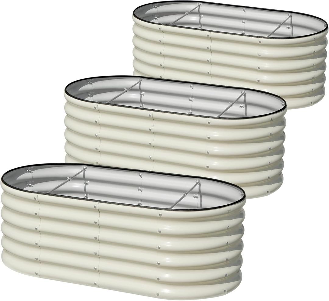 SnugNiture 3 Pcs 4x2x1.5ft Raised Garden Bed Outdoor, 17" Tall Galvanized Metal Planter Box, Oval Raised Garden Bed Kit for Planting Vegetables Plants Fruits, Beige White
