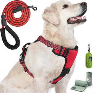Dog Harness, No-Pull Pet Breathable Harness, Adjustable Soft Padded Dog Vest with 2 Leash Clips, Reflective No-Choke Pet, Easy Control Handle for Large Dogs, Red,Size  L