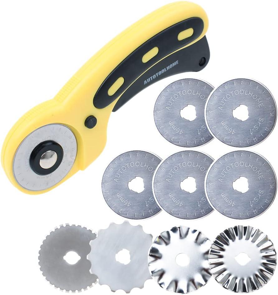 AUTOTOOLHOME 45mm Rotary Cutter Set with 9 Pack Replacement Rotary Blades Skip Rotary Blades Pinking Rotary Blades for Sewing Fabric Leather Quilting Cutter Paper Perforating Tool