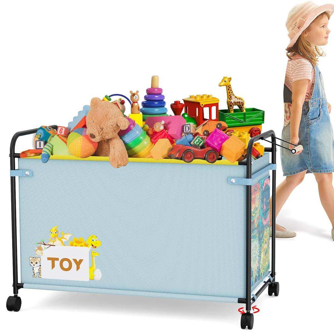 Toy Box Storage, 180L Extra Large Toy Chest with 360 Wheels, Oxford Cloth Metal Toy Box for Boys, Girls, Stuffed Animals, Clothes, Bedroom, Living Room (Blue)