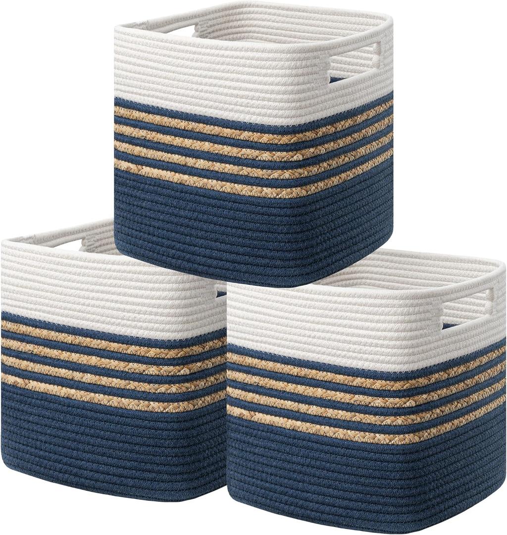 UBBCARE Set of 3 Storage Cubes 13 X 13 X 13 in, Water Hyacinth Storage Bins for Shelves, Toys, Book, Storage Baskets with Handles, Cotton Rope Woven Baskets for Organizing, Blue