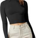 Verdusa Women's Basic Mock Neck Long Sleeve Fitted Crop T Shirt Top (Large, Black)