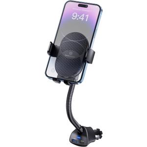 WixGear Cigarette Lighter Phone Holder, 360 Rotating Car Mount Cradle with Dual USB Charging Port, Adjustable Gooseneck, Car Phone Holder Cigarette Lighter Mount, Fits Most Cellphones