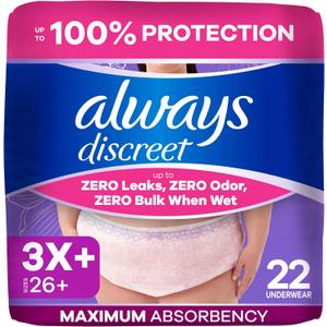 Always Discreet Reimagined Adult Diapers for Women, Maximum Absorbency Incontinence and Postpartum Underwear Size 3X+, Up to 100% Leak Free Bladder Leak Protection, 22 Count