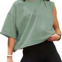 Women's Oversize Workout Crop Tops Short Sleeve Crewneck Drop Shoulder Boxy T Shirts Summer Casual Solid Basic Tees (Green, L)