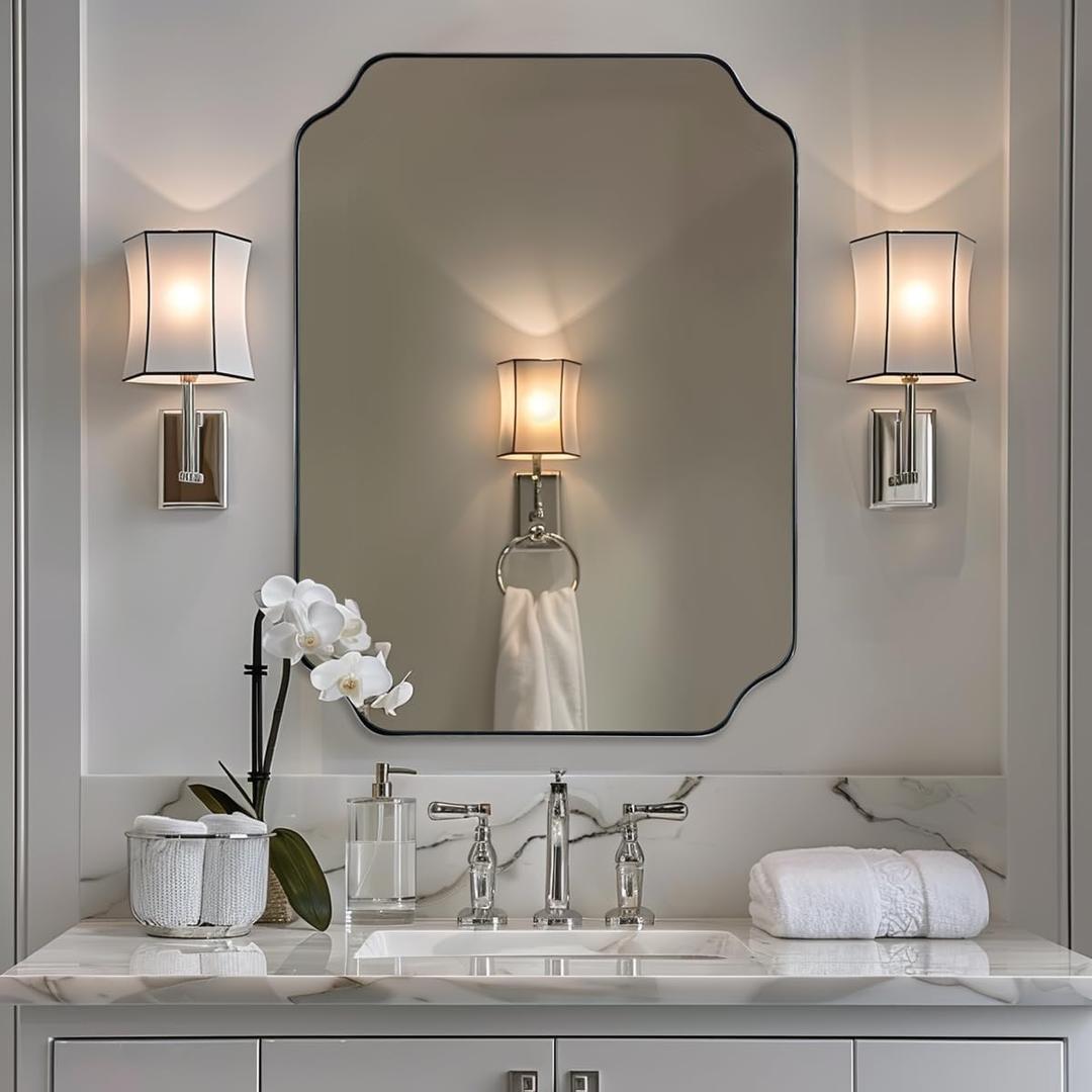 ANDY STAR Chrome Bathroom Mirror, 24x32 Inch Polished Chrome Rectangle Mirror, Scalloped Bathroom Mirror with Stainless Steel Metal Frame, Thin Frame Deep 1