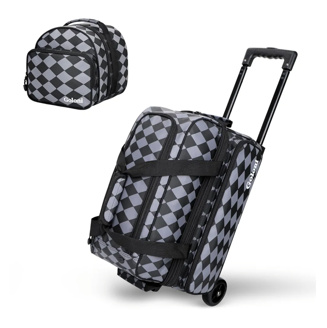 2 Ball Bowling Bag with Wheels + 1 Ball Color Matching Add On Tote,Rolling 3 Ball Bowling Bag with Shoe Compartment