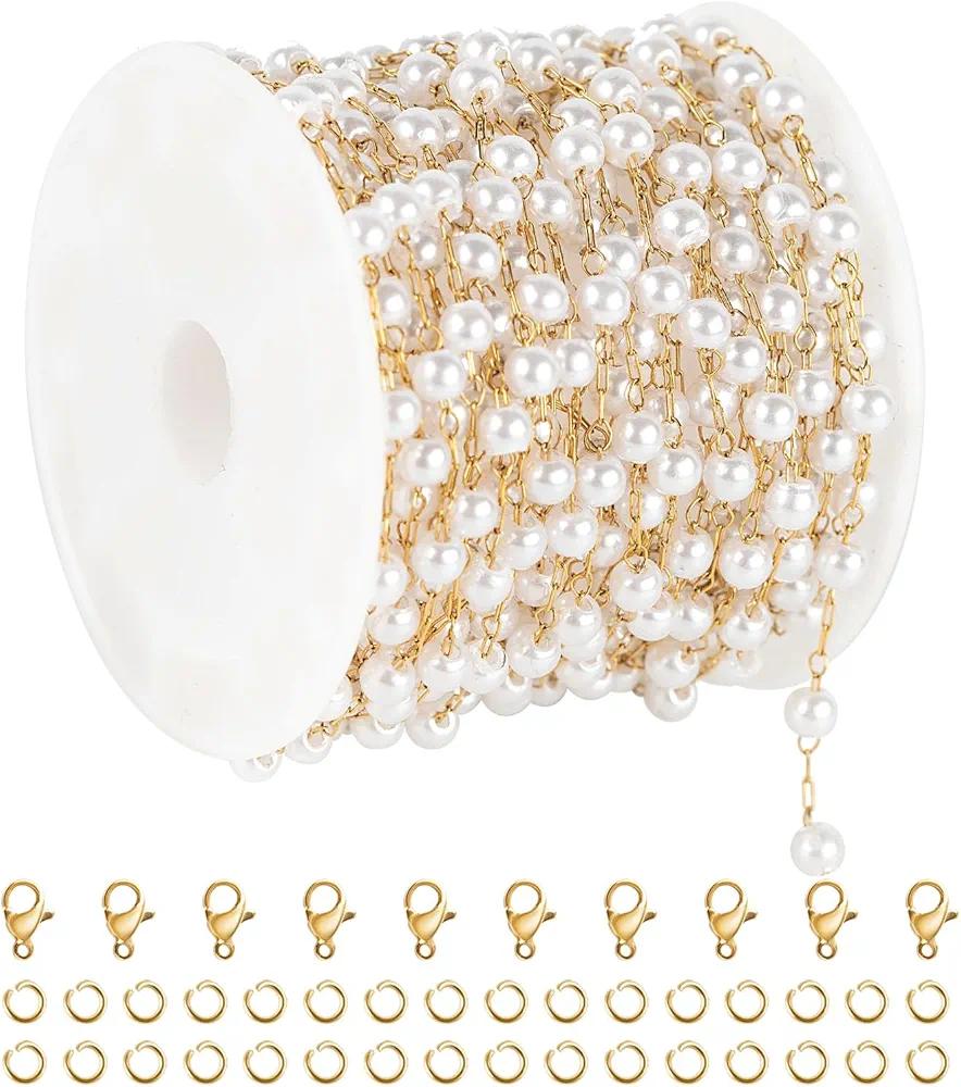 UMAOKANG 16.4 Feet Faux Pearl Chain for Jewelry Making Gold Plated Stainless Steel Chain Link with Jump Rings and Lobster Clasps