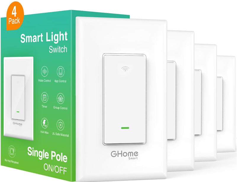 GHome Smart Smart Switch, 2.4Ghz Wi-Fi Light Switch Compatible with Alexa, Google Home, Neutral Wire Required, Single-Pole,UL Certified,Voice Control and Timer,No Hub Required,4pack, White (SW5-4)