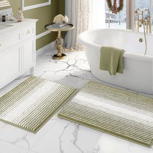 Bathroom Rugs and Mats Sets, 2 Piece Thick Absorbent Chenille Bath Mat Rug Set Non Slip, Soft Shaggy Bath Room Floor Mats for Bathroom, Machine Washable (Linden Green, 20" x 32" Plus 16" x 24")