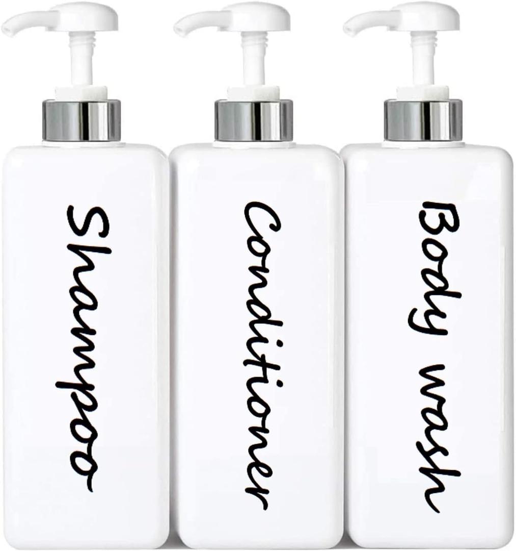 21oz Shampoo and Conditioner Dispenser (Set of 3) Modern Refillable Shampoo Pump Bottles for Shower Soap - Empty Shampoo Conditioner Body Wash Dispenser Set - Stylish Permanent Labels - for Bathroom (21 Ounce, Sliver White)