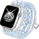 V-MORO Compatible with Apple Watch Band Pearl Series 10/9/8/7 45mm/46mm/44mm/42mm Fashion Beaded Elastic Bracelet Bling Jewelry Strap for iwatch SE Series 6/5/4/3/2/1 Blue for 5.5"-6.2" Wrist