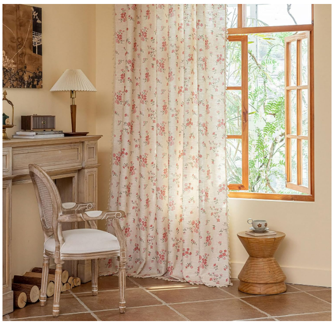 ENJOYBRIDAL Pink Floral Curtains 84 Inches Long 2 Panels Boho Tassel Drapes Farmhouse Bedroom Rod Pocket Semi Sheer Window Curtains Living Room Rustic Dining Room Aesthetic Decor Window Treatments, 52"W x 84"L (Pack of 2)