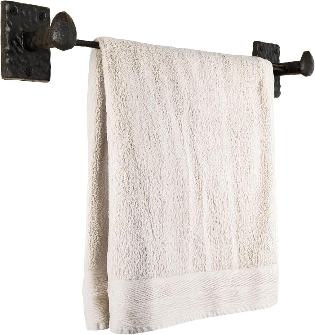 Rustic State Motris Cast Iron Towel Bar with Hammered Effect Texture for Bathroom and Kitchen - Railroad Spike Industrial Design Hand Towel Rail Holder Hanger Rack - Black
