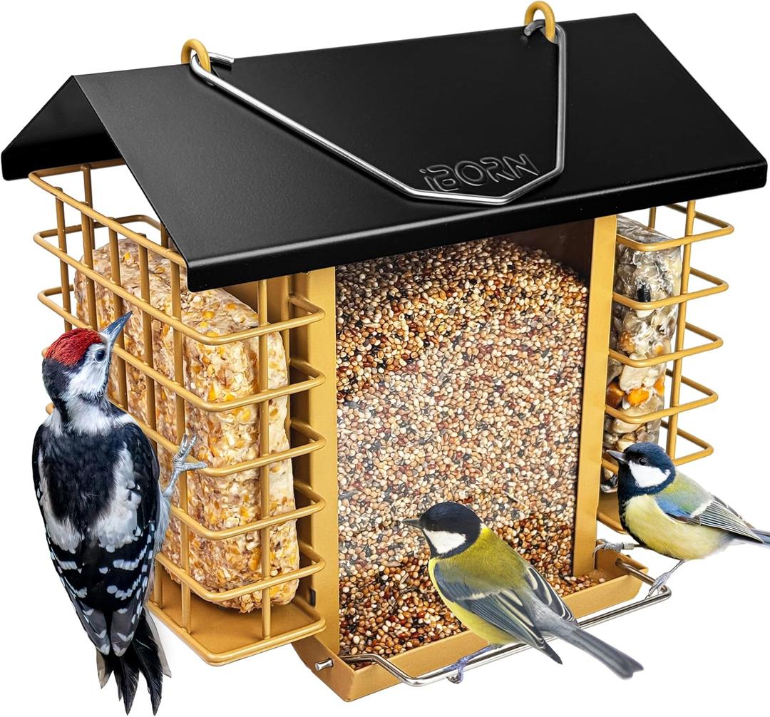 iBorn Bird Feeders for Outdoors,Bird Feeder with Double Suet Holders,Suet Feeder for Outside,Weatherproof Metal Roof,Easy to Refill&Clean,3.2 LBs Seed Capacity+2X Cakes,1 Pack,Black Roof & Yellow Grid