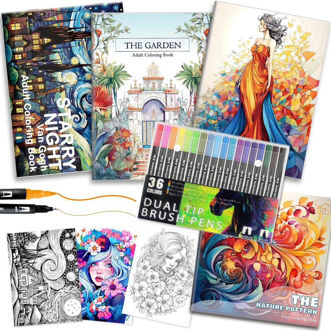 Adult Coloring Books for Women Relaxation, 4Pcs Mindfulness Coloring Books for Women with 36 Colors Markers, 36 Dual Tip Colors Markers(Brush and Fine Point), Anxiety Relief Mindfulness Gift
