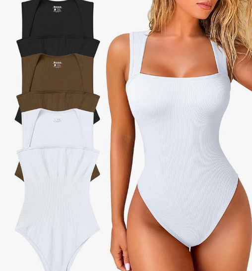 OQQ Women's 3 Piece Bodysuits Sexy Ribbed Strappy Square Neck Sleeveless Tummy Control Tank Tops Bodysuits large