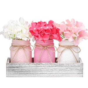 Valentines Mason Jar Centerpiece for Table with Wood Tray, Pink Painted Decorative Mason Jars for Valentines Decorations Table Kitchen Decor, Mothers Day Mason Jar, Mom Gift for Women