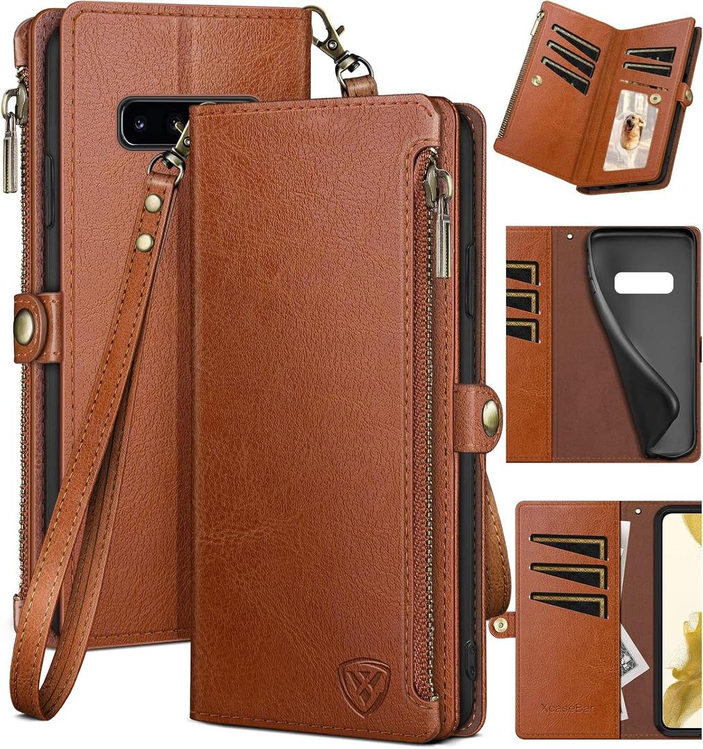 XcaseBar for Samsung Galaxy S10+/S10 Plus Wallet case with Zipper Credit Card HolderRFID Blocking, Flip Folio Book PU Leather Phone case Shockproof Cover Women Men for Samsung S10+ case Light Brown