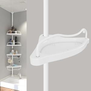 Corner Shower Caddy with Tension Pole, Rustproof ABS Shower Shelves with 56-125 Inch Steel Poles, Drill Free Shower Organizer, 4 Layer Adjustable Shelves, White
