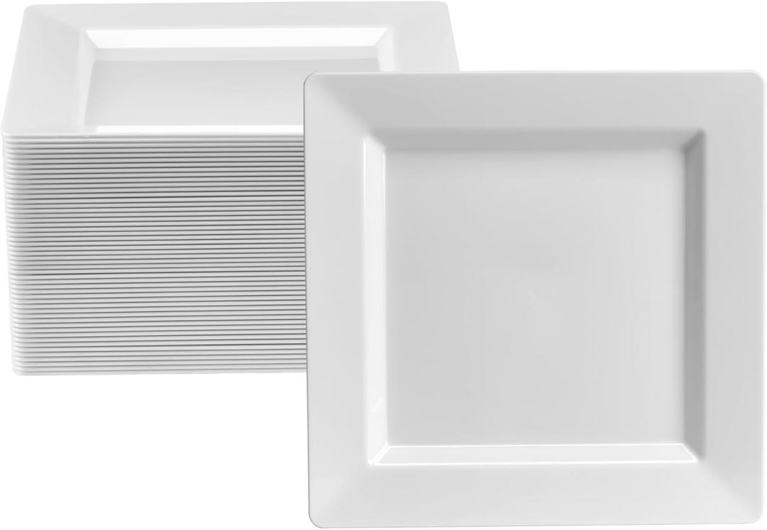 Oasis Creations White Square Plates Set 7.25" - 50 count - Premium Hard White Plastic - Disposable and Reusable Salad Appetizer Dessert - Party Set