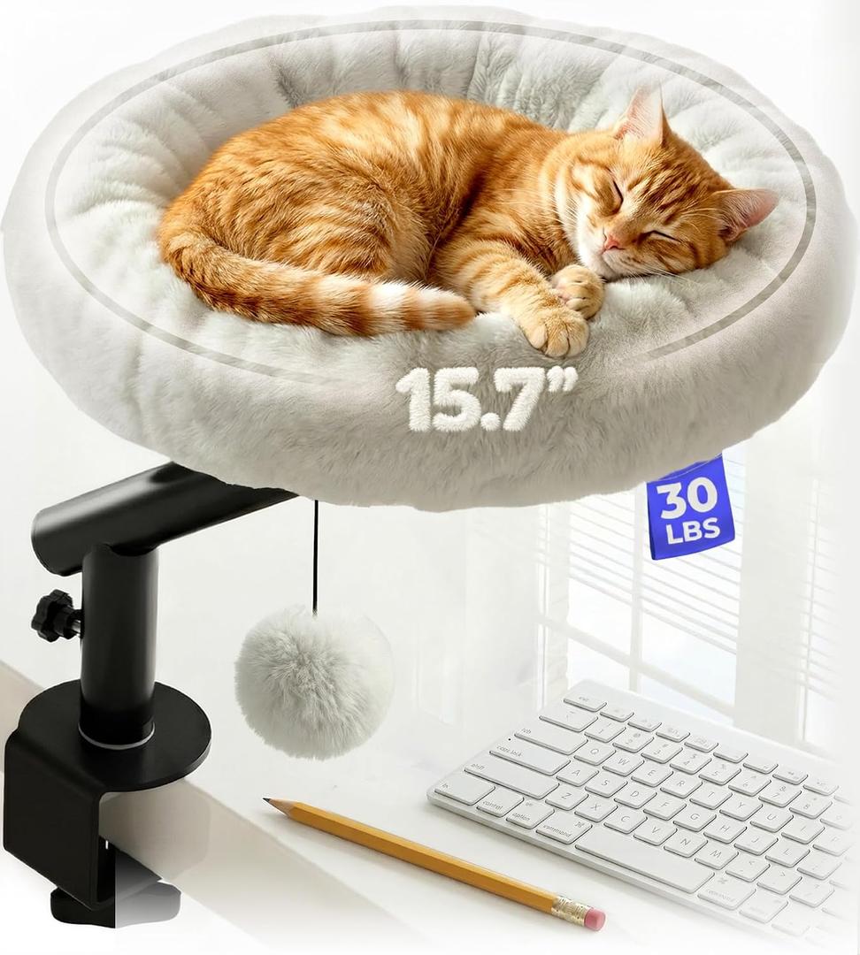 PetLovers Cat Desk Bed - Plush Elevated Desk Bed Attachment with Removable Washable Cushion, 360° Swivel Arm, Secure Clamp - Keeps Your Pet Close While You Work or Play