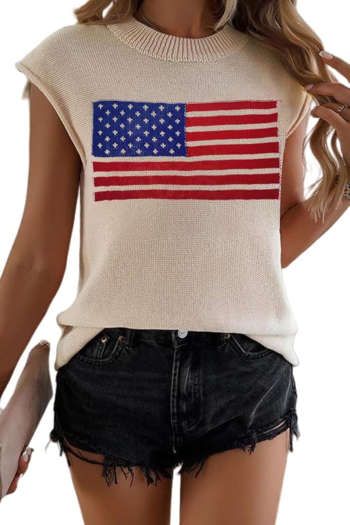 TKTSO Women American Flag Cap Sleeve Knit Sweater Vest Summer Crew Neck Sleeveless Top Casual Vacation Pullover Tank Top(M, Beige)