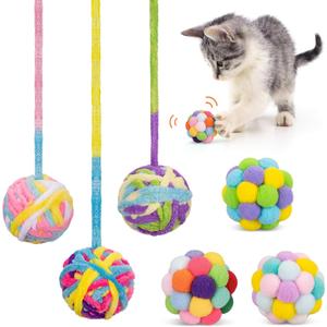 Retro Shaw Cat Toys Balls, 6Pcs Woolen Yarn Cat Balls with Bells Inside, Interactive Kitten Toys for Indoor Cats Kitty, Soft Pompom Jingle Ball with String Cat Nip Toys