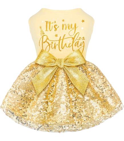 Fitwarm Birthday Girl Dog Tulle Dress, Dog Clothes for Small Dogs Girl, Cat Apparel, Yellow, Small