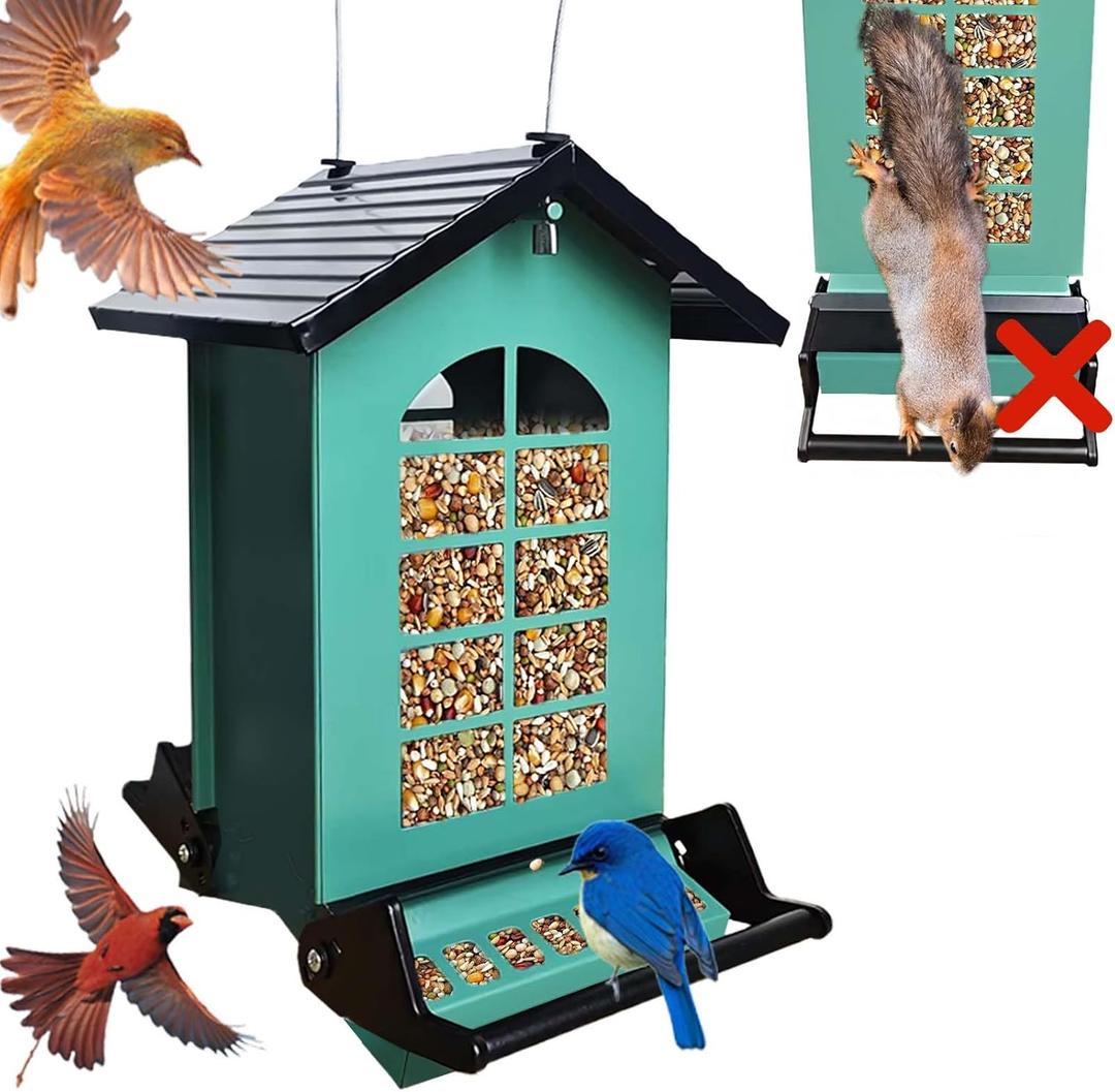 Bird Feeder Squirrel Proof, Hanging Metal Bird Feeders for Outdoors, 6LBS Large Capacity Weight-Activated Perches Wild Birdfeeder for Blue Jay, Cardinal, Garden (Green)