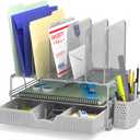 Simple Houseware Mesh Desk Organizer with Sliding Drawer, Double Tray and 5 Upright Sections, Silver
