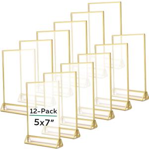 TonGass 12-Pack 5"x7" Standard Double-Sided Acrylic Wedding Table Numbers Picture Frames, Clear Sign Holders with 3mm Gold Border & Vertical Stand