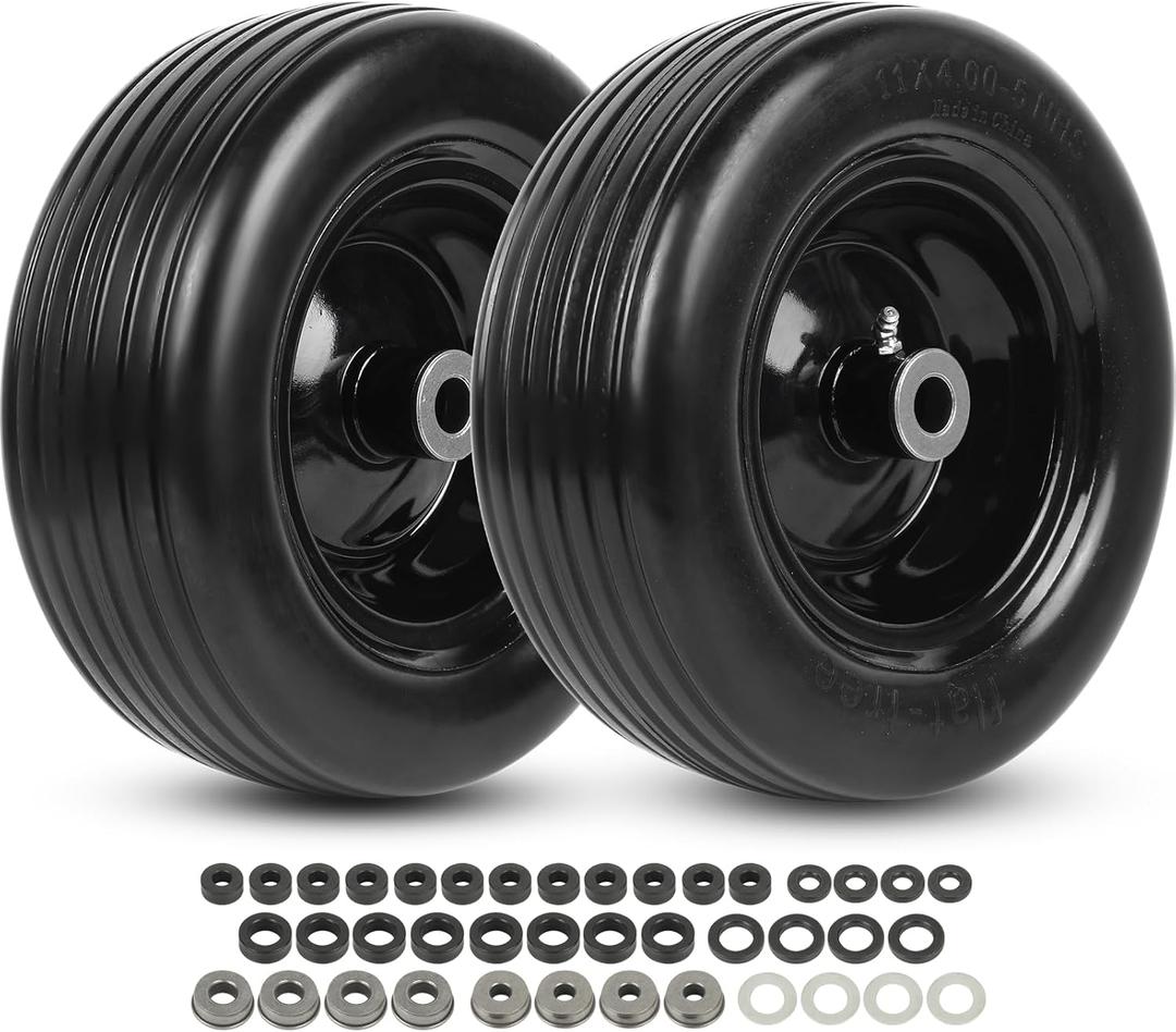 AR-PRO (2-Pack) 11x4.00-5 Flat-Free Tire and Wheel Assembly, 11x4-5 Solid Rib Tread Zero-Turn Mower Front Wheel, 3.4" Centered Hub, 3/4" & 5/8" Bushings