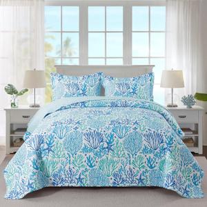 Travan Beach Quilt King Size, Ultra Soft & Fade Resistant Coastal Quilt with 1 Quilt Set and 2 Shams, Light Blue Quilt for All Season, Blue Coral, King