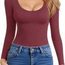 MANGOPOP Women's Scoop Neck Long Sleeve Shirts for Women Double Lined Tops Fall Outfits for Women 2025 (Burgundy, Small)