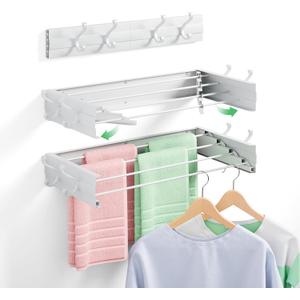 Wall Mounted Clothes Drying Rack for Laundry 23.6", Folding Clothes Drying Rack with 4 Towel Hooks and 4 Rods for Hanging Coat Dedicates, Space Saving for Bedroom Bathroom Balcony Living Room (23.6'')