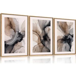 Large Abstract Neutral Framed Canvas Wall Art,Watercolor Black Ink Wall Decor,Modern Beige Brown Prints,Minimalist Line Artwork for Living Room,Bedroom,Dining Room,Office -24"x36"x3