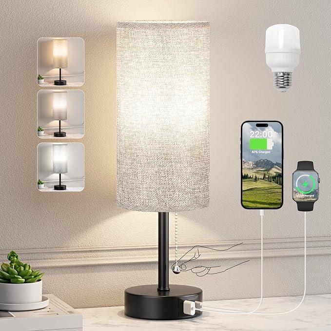 Grey Bedside Lamp for Bedroom Nightstand - Small Table Lamp with USB A + C Charging Port, 3 Color Temperatures Pull Chain Night Stand Light for Kid, Side Table Reading Lamp - Dorm Room Essentials