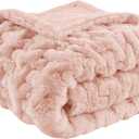 Madison Park Ruched Luxury Throw Premium Soft Cozy Brushed Long Faux Fur For Bed, Couch or Sofa, 50"x60", Blush