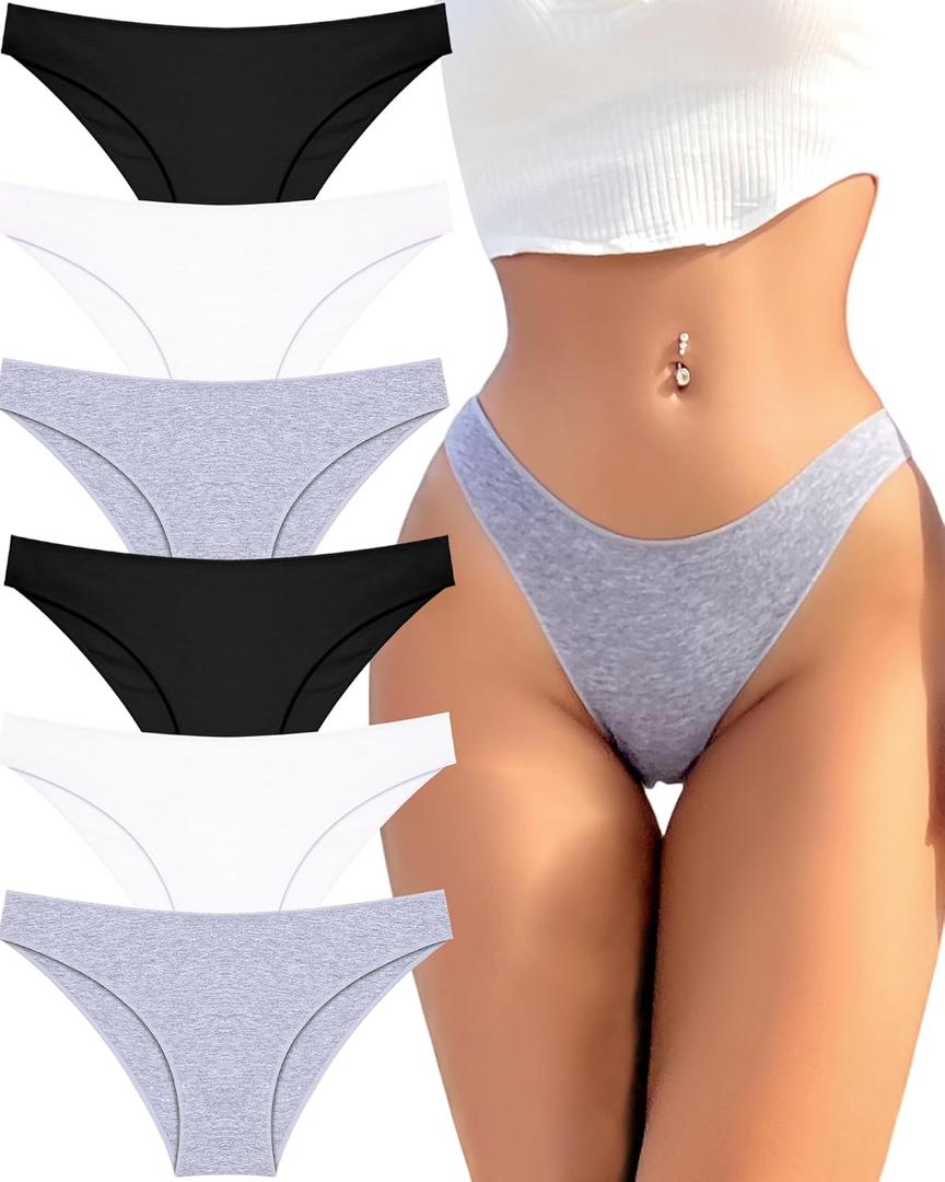 FINETOO 6 Pack Cotton Underwear for Women Cute Low Rise Bikini Panties High Cut Breathable Sexy Hipster Womens Cheeky (Large)