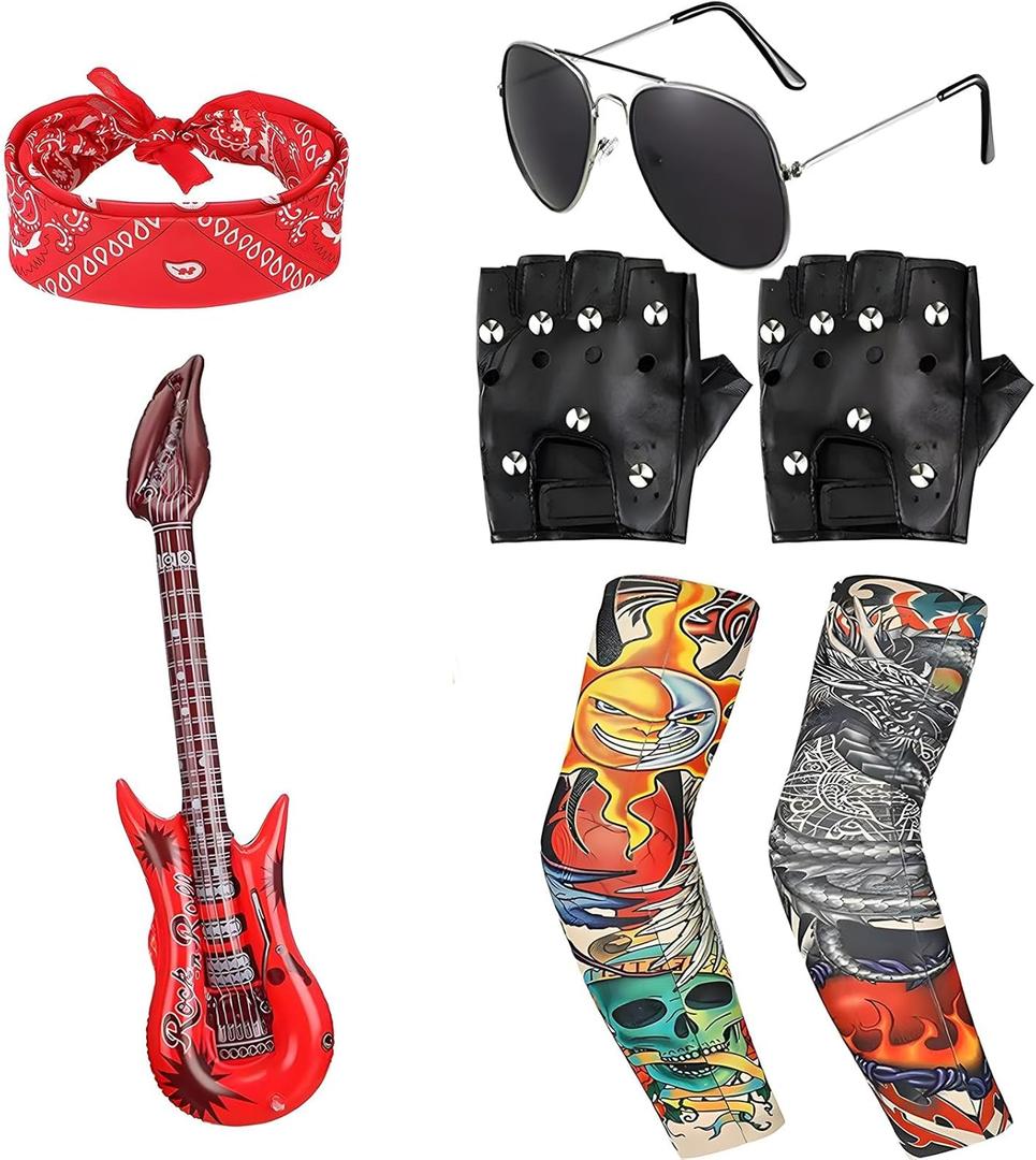 7Pcs Kids Rockstar Costume Set with Inflatable Guitar, Women's Premium Rocker Outfit Heavy Metal Accessories, Ultimate Rock Look for Halloween Party, Girls & Boys