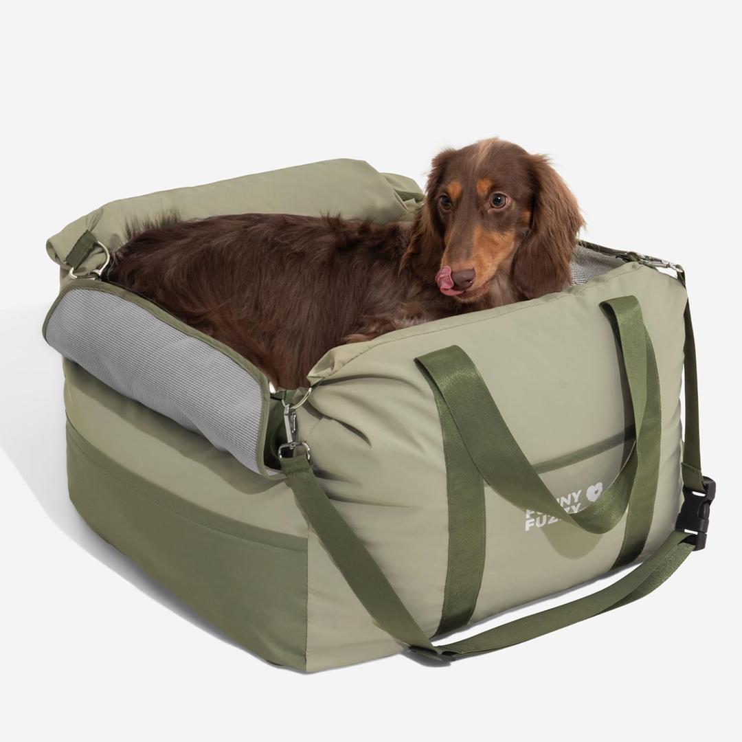FUNNY FUZZY Dog Car Seat Waterpoof for Small & Medium Dogs Up to 35lbs, Detachable & Washable Pet Booster Seat with Leash, Thick Cushion, Storage Pockets & Adjustable Straps (Beige)