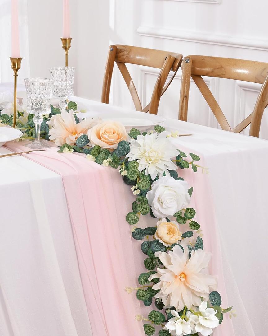 Waipfaru 6.07Ft Eucalyptus Greenery Garland with Flowers, Dusty Blue and White Rose Flower Vines for Wedding Table Runner Centerpieces Backdrop Room Decor (1 Pack, Champagne)