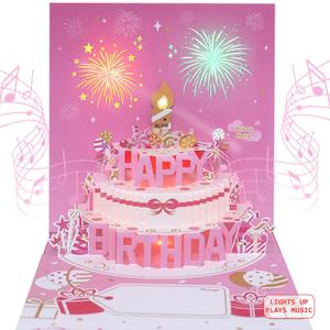 Musical Birthday Cards with Light and Music, Blowable, 3D Birthday Popup Cards for Men & Women Plays Hit Song 'HAPPY Birthday' (pink)