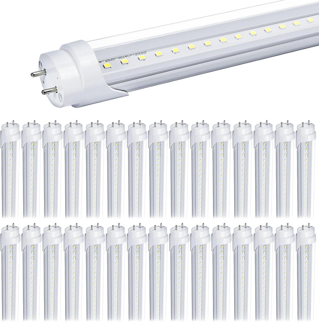 30-Pack T8 LED Bulbs 4 Foot Tube Light, 4ft LED Shop Garage Warehouse Light, 20W 5000K 2600LM Daylight White, Fluorescent Lights Tube Replacement, Ballast Bypass, Dual-end Powered, Clear Cover