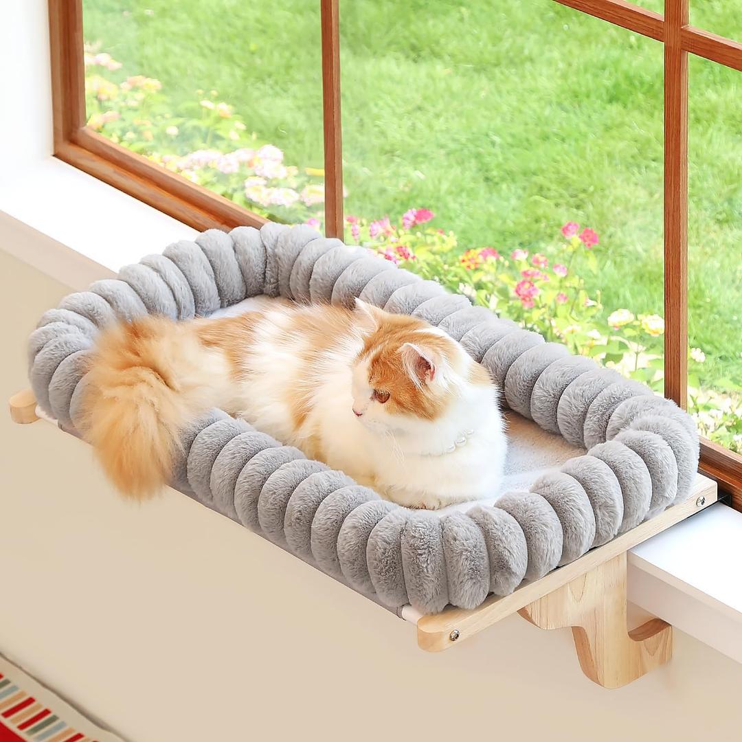 Zakkart SnugCloud Cat Window Perch with 4-Sided Bolster - Orthopedic Cat Hammock for Window Sill - Solid Hardwood & Metal Frame - Window Seat for Pets (Natural Color Wood w/Gray Bed, Large) (Large (25"x15"))
