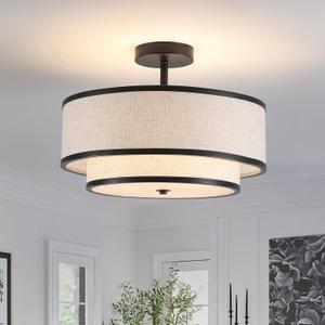 Semi Flush Mount Ceiling Light, 3-Light Double Drum Ceiling Light Fixture with Fabric Shade, Farmhouse Chandelier Dining Room Light Fixture for Bedroom, Kitchen, Hallway (Black), Large Flush Mount Ceiling Light