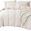 Queen Size Comforter Set Striped Grayish Pink Soft Washed Microfiber Jacquard 3 Pieces Striped Bedding Sets Pink White Comforter Queen for All Seasons and 2 Pillowcases Comfort Breathable