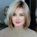 RENERSHOW Medium Length Bob Wigs for White Women Layered Blonde Highlight Straight Pixie Bob Wig with Bangs Heat Synthetic Natural Daily Party Wig 12inch Average Size Wig